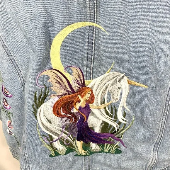 Denim Vest Sz XL Embroidered Fairies Unicorn Whimsical Russ State of Blue Vtg - Picture 8 of 11